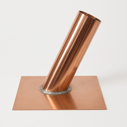 Copper pipe boot roof flashing with square base and 90-degree pipe collar, used for sealing vent penetrations on shingle roofs.